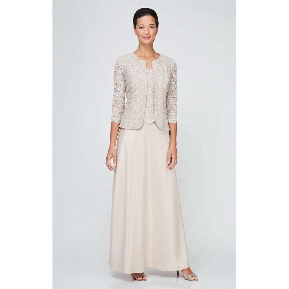 Alex Evenings 82122326 Taupe Petite 6P Glitter Lace 2-Piece Dress Jacket Set NWT